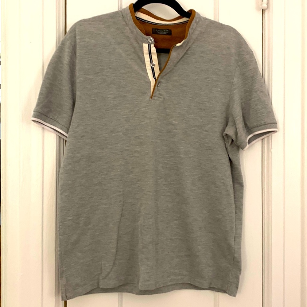 Zara Man collarless grey polo, size L